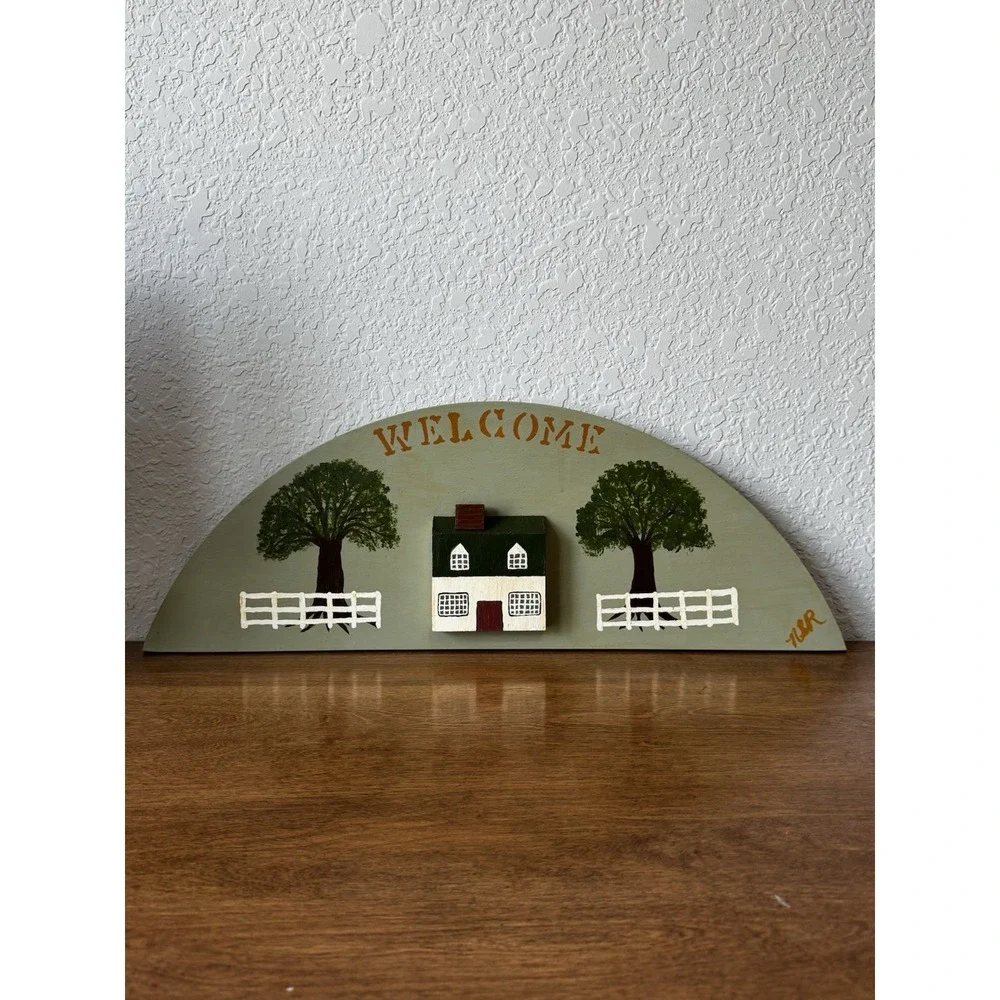 Vintage Hand-Painted Wooden Welcome Sign | Rustic Folk Art Cottage Core Decor